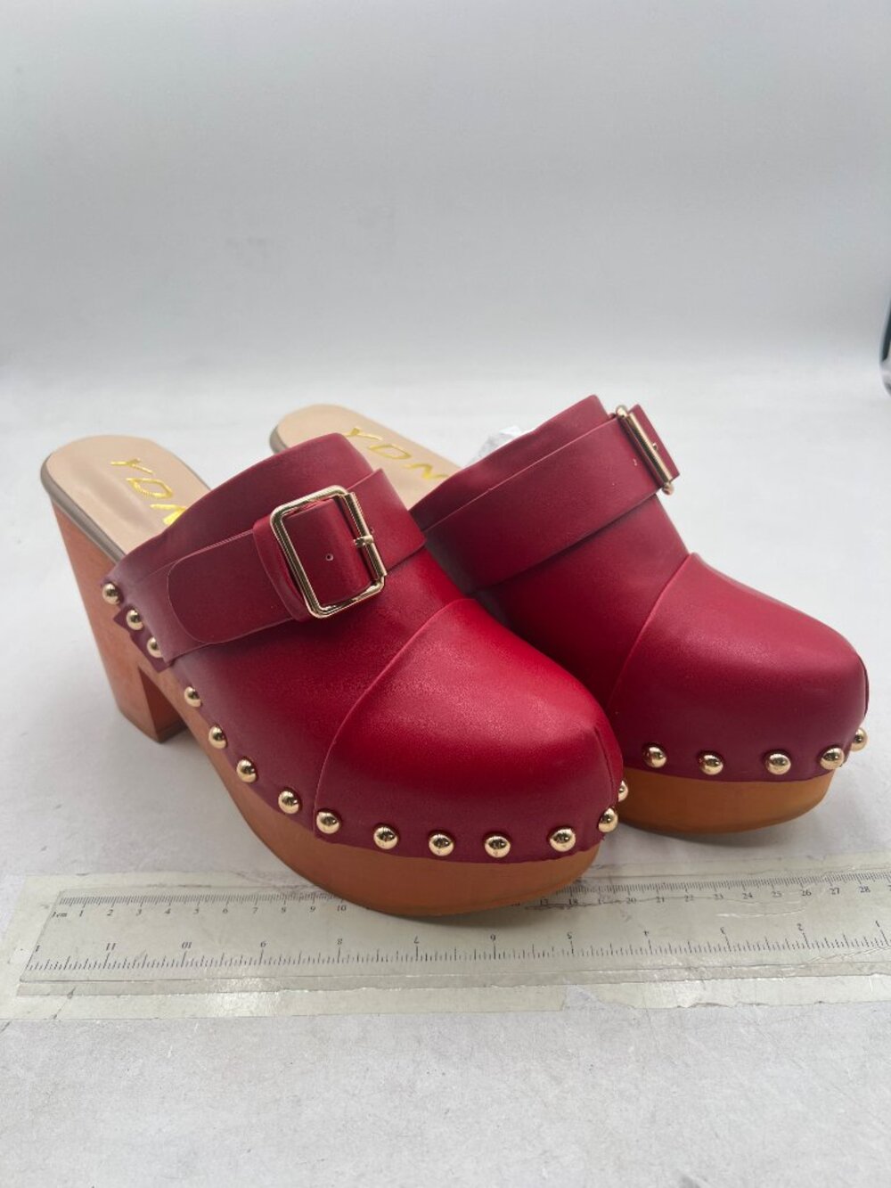 YDN Red Chic Platform Closed Round Toe Mules Rivet Studded Block Heels Sandals - Picture 4 of 8